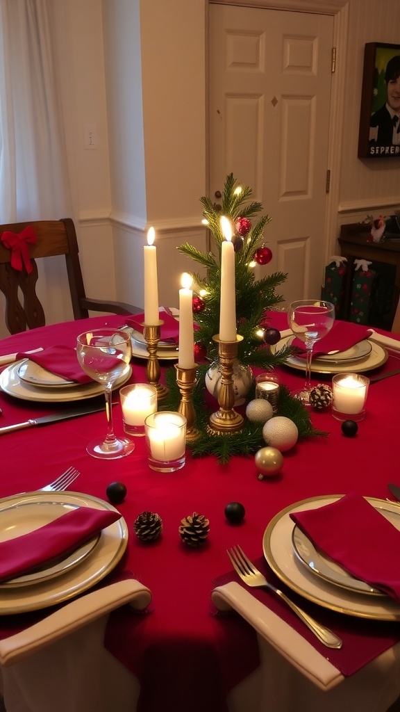 An intimate Christmas dinner table for two, decorated with a red tablecloth, candles, and a small Christmas tree centerpiece.